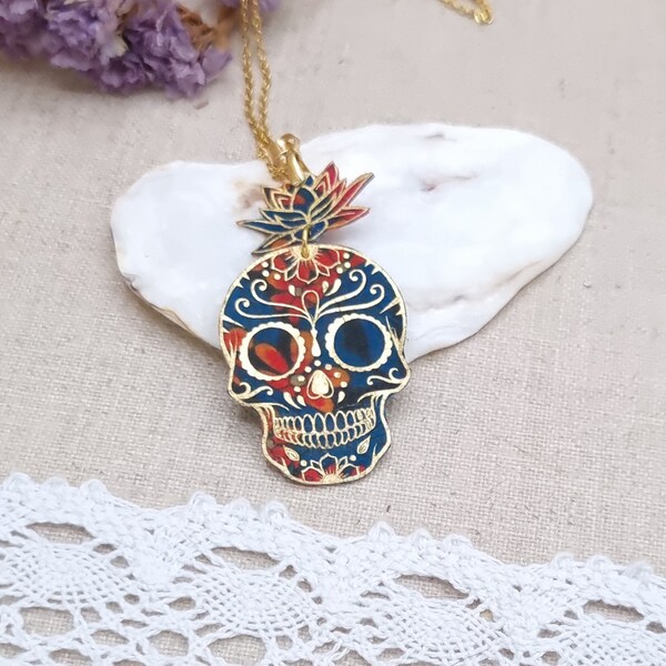 collier Santa Muerte Calaveras  en tissu liberty CIARA pétrole et acier inoxydable doré