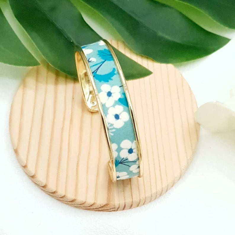 Colorful brass rush bracelet color of choice inserts cotton fabrics liberty of london Mitsi mint with water