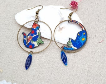 Cat earrings in liberty margareth annie blue and orange and brass bronze