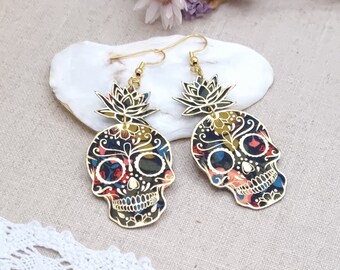 Santa Muerte skull earrings liberty of london Persephone forest fabrics and golden stainless steel