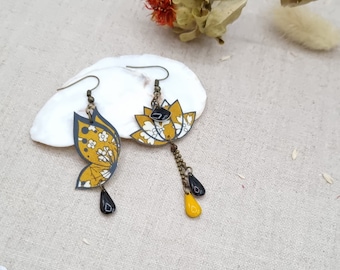 Butterfly and lotus asymmetrical mismatched earrings Liberty capel mustard cotton fabric and bronze brass