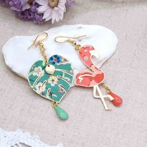 Pink flamingo and monstera leaf earrings in liberty fabric and golden stainless steel