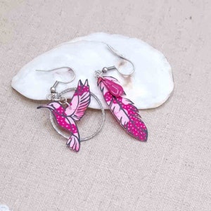 Hummingbird and feather earrings in pink small osami pan fabric and silver stainless steel