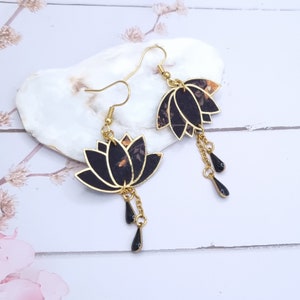 Lotus earrings in cotton liberty fabrics Elizabeth black and gold stainless steel