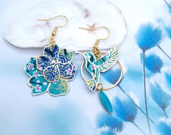 Asymmetrical mismatched hummingbird and cherry blossom earrings in blue Japanese Sakura fabric and gold-plated stainless steel