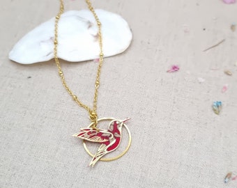 hummingbird bird necklace in liberty capel ruby fabric and golden stainless steel