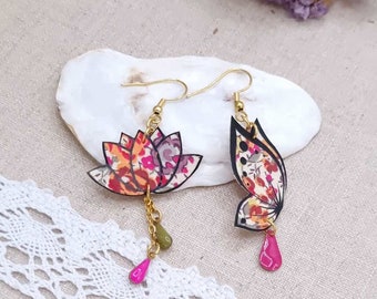 Boucles d'oreilles dépareillées asymétriques Papillon et lotus tissus coton liberty Emma georgina rose et acier inoxydable