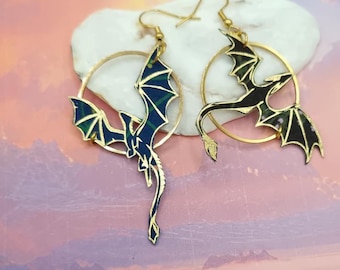 asymmetrical mismatched Dragons earrings in black and blue Erica liberty fabric and gold stainless steel
