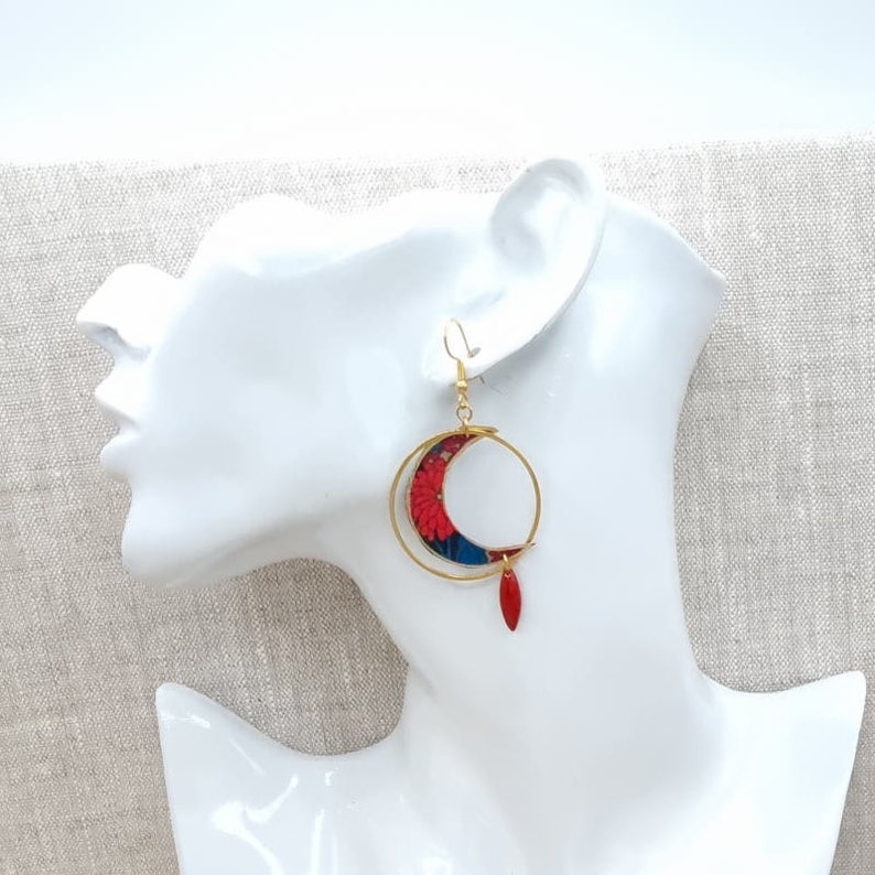 Mismatched asymmetrical moon and wolf earrings in gold stainless steel and Ciara petrol liberty fabric image 2