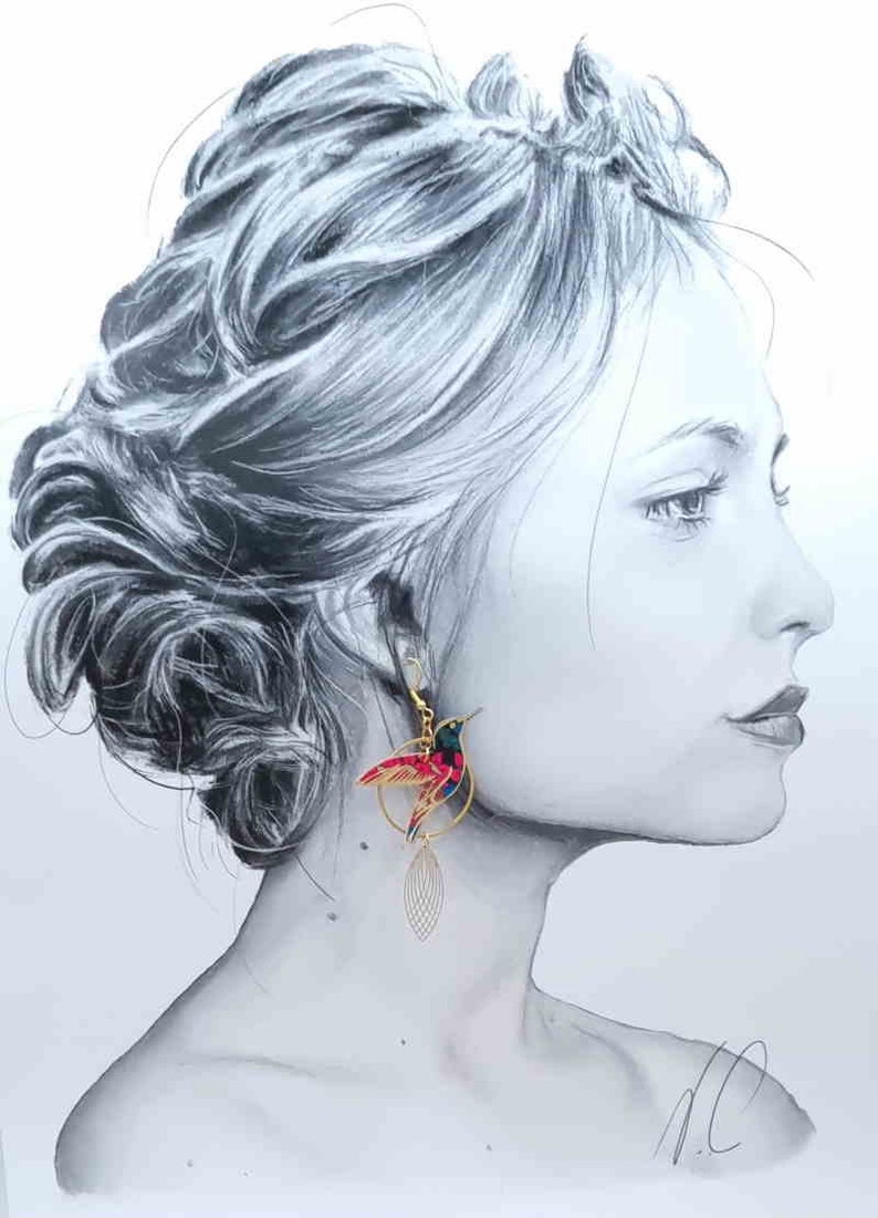 boucles d'oreilles dépareillées asymétriquesgrand colibri et grand hibiscus en TISSU liberty Ciara pétrole et acier inoxydable doré image 2