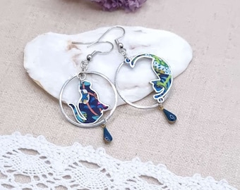 Very small asymmetrical mismatched cat earrings in Liberty of London cotton, Strawberry Thief denim and stainless steel (2.5cm)