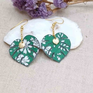 Monstera leaf earrings in emerald liberty capel fabric and gold stainless steel