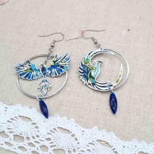 Asymmetrical phoenix mismatched earrings in liberty fabric Strawberry thief denim and silver stainless steel