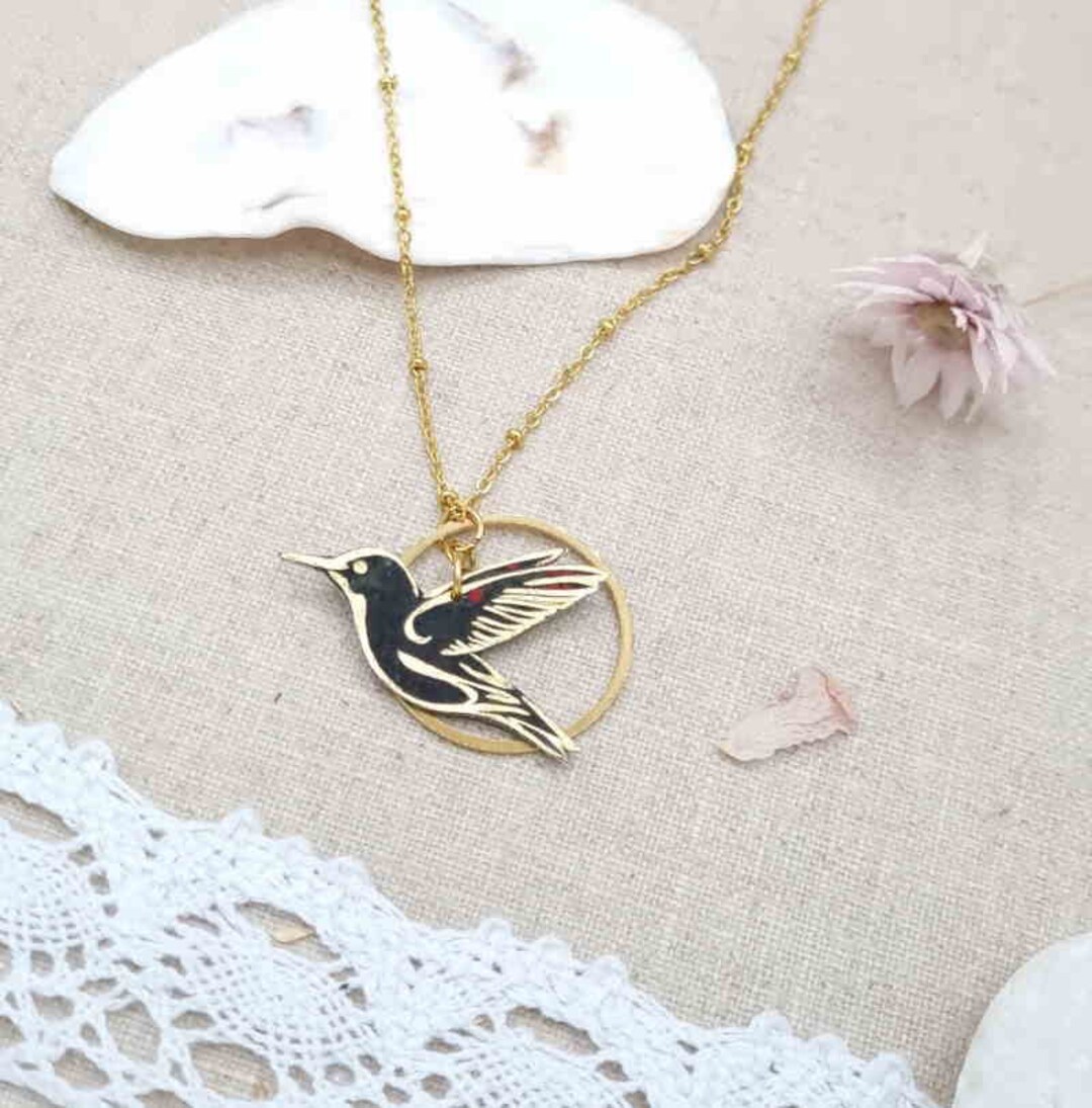 Hummingbird Bird Necklace in Black Erica Liberty Fabric and Gold ...