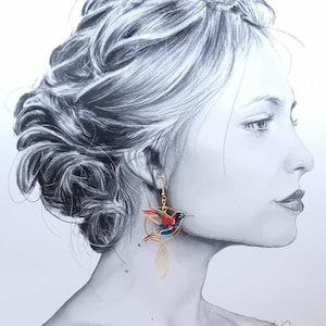 boucles d'oreilles dépareillées asymétriquesgrand colibri et plumes en TISSU liberty Ciara pétrole et acier inoxydable doré image 2