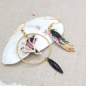 Bird and asymmetrical feather earrings liberty of london cotton fabric FARIA B black and stainless steel