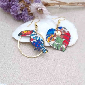 Margaret Annie orange and blue liberty fabric and gold stainless steel asymmetrical toucan and leaf mismatched earrings
