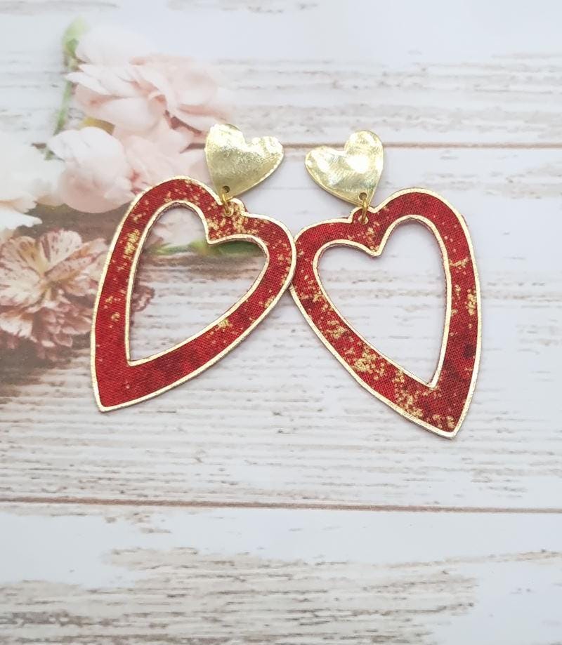 Heart Earrings in Red Moiré Japanese Fabric and Gold-plated