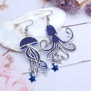 Mismatched asymmetrical jellyfish and octopus earrings in indigo liberty capel fabric and silver stainless steel