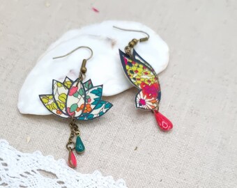Asymmetrical mismatched butterfly and lotus earrings in liberty margaret annie fushia and bronze brass