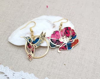 Mismatched asymmetrical hummingbird bird and poppy earrings in liberty Ciara petroleum fabric and gold stainless steel