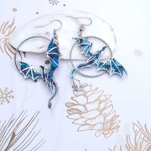 mismatched asymmetrical Dragon earrings in blue Perséphone liberty fabrics and silver stainless steel