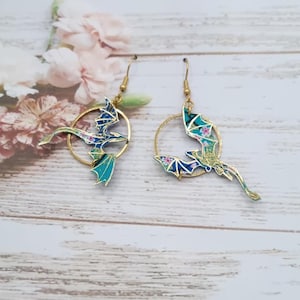 Asymmetrical mismatched Dragon earrings in blue Sakura Japanese fabric and gold stainless steel