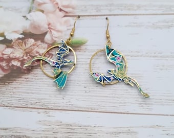Asymmetrical mismatched earrings Dragons in blue Japanese Sakura fabric and gold stainless steel