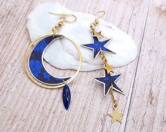 Mismatched asymmetrical Moon and star earrings in indigo Capel liberty fabric and gold stainless steel