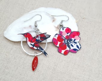 Asymmetrical mismatched hummingbird and cherry blossom earrings in red liberty wiltshire fabric and silver stainless steel