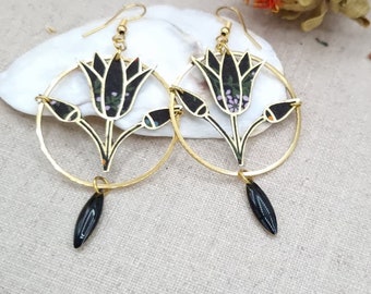 Egyptian lotus earrings in black Erica liberty fabric and gold stainless steel