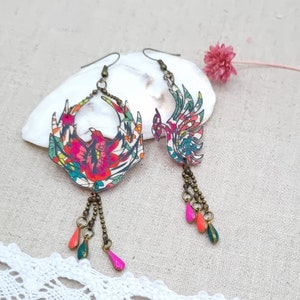 Phoenix asymmetrical mismatched earrings in bronze brass and liberty fabric Margaret Annie Fushia