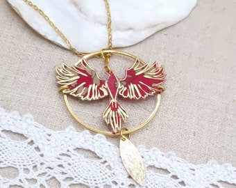 Phoenix necklace in Liberty of London cotton fabrics Capel ruby and gold stainless steel