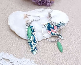 Asymmetrical mismatched hummingbird and feather earrings in liberty persephone mint fabric and silver stainless steel