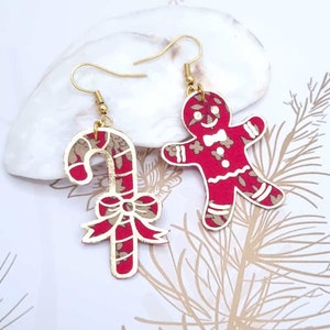 Candy cane and gingerbread man Christmas earrings in Capel ruby liberty cotton fabric and gold stainless steel