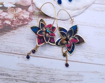 Large hoop earrings with tiare flower in Liberty Heritage Garden citrus fabric and gold-plated stainless steel