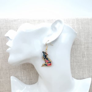 Mismatched asymmetrical moon and wolf earrings in gold stainless steel and Ciara petrol liberty fabric image 3