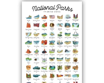 National Parks Checklist Poster: Illustrated US Parks, 11x17