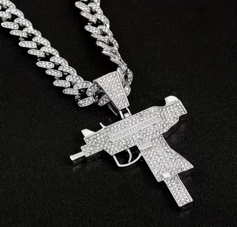 14k White Gold Layered Iced Out Gun Pendant 14k Layered - Etsy