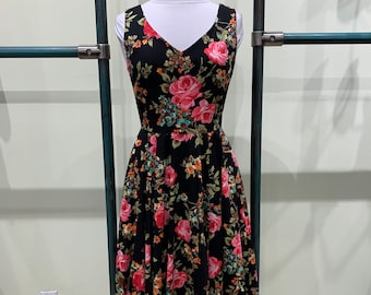 black dress with red roses on it