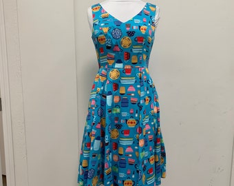 Eva Rose Blue Kitchen Appliance Print V-Neck Fit & Flare Dress With Pockets