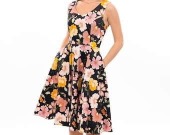 Eva Rose Black Vibrant Floral Fit & Flare V-Neck Dress With Pockets