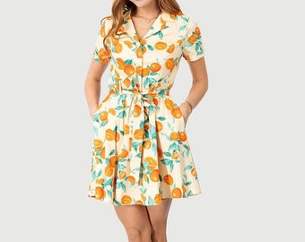 Eva Rose Orange Fruit Print T-Shirt Fit & Flare Dress With Pockets