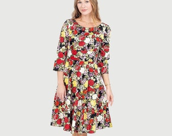 Eva Bright Floral Fit & Flare 3/4 Sleeve Dress With Pockets