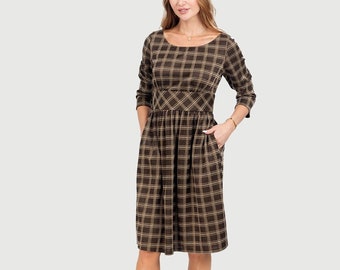 Eva Rose Brown Plaid Fit & Flare 3/4 Sleeve Dress With Pockets