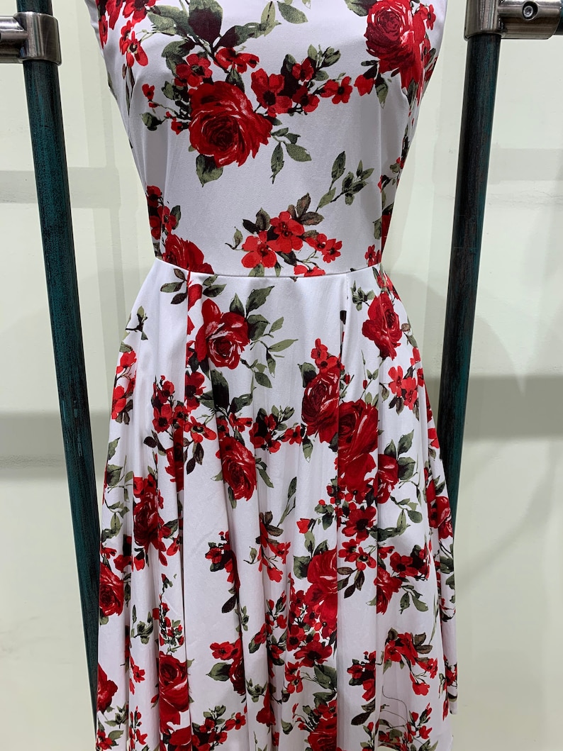 Eva Rose White And Red Rose Floral Print V-Neck Fit and Flare Dress With Pockets