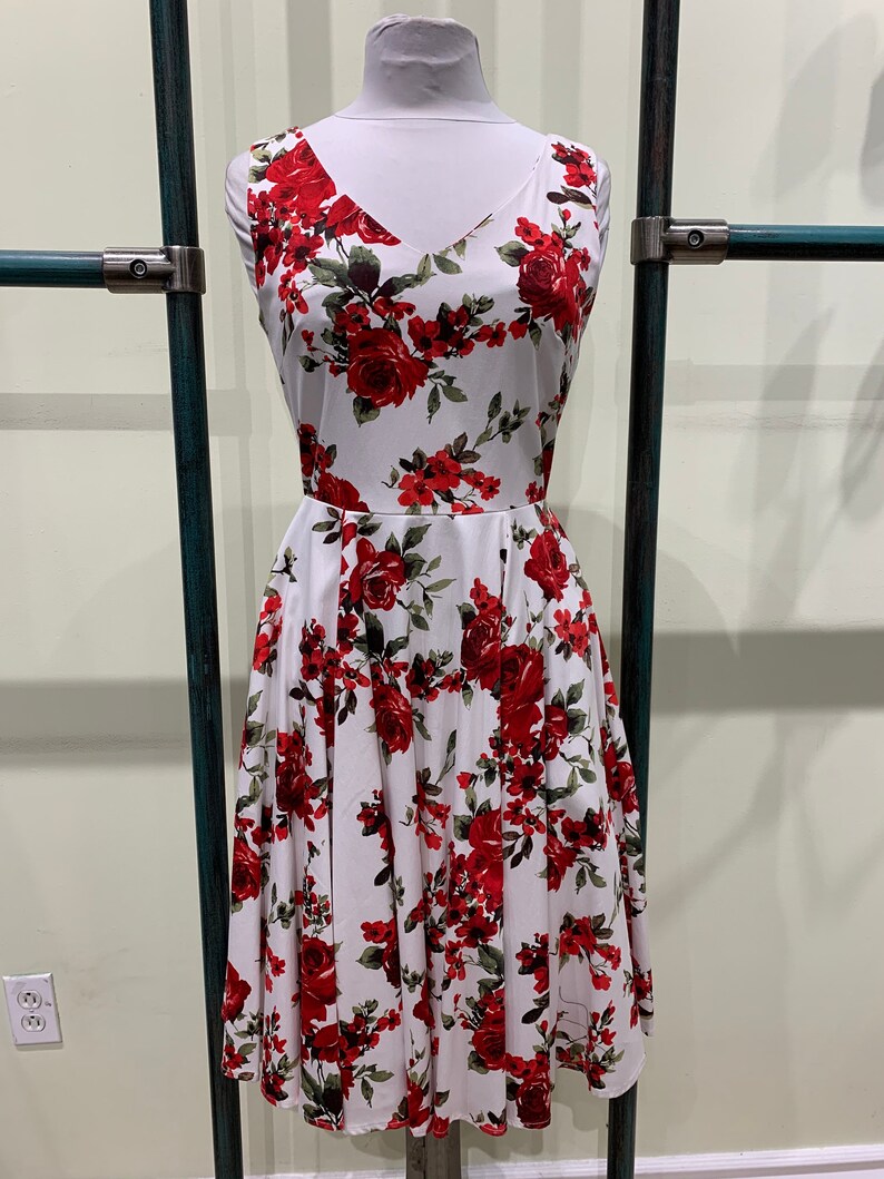 Eva Rose White And Red Rose Floral Print V-Neck Fit and Flare Dress With Pockets