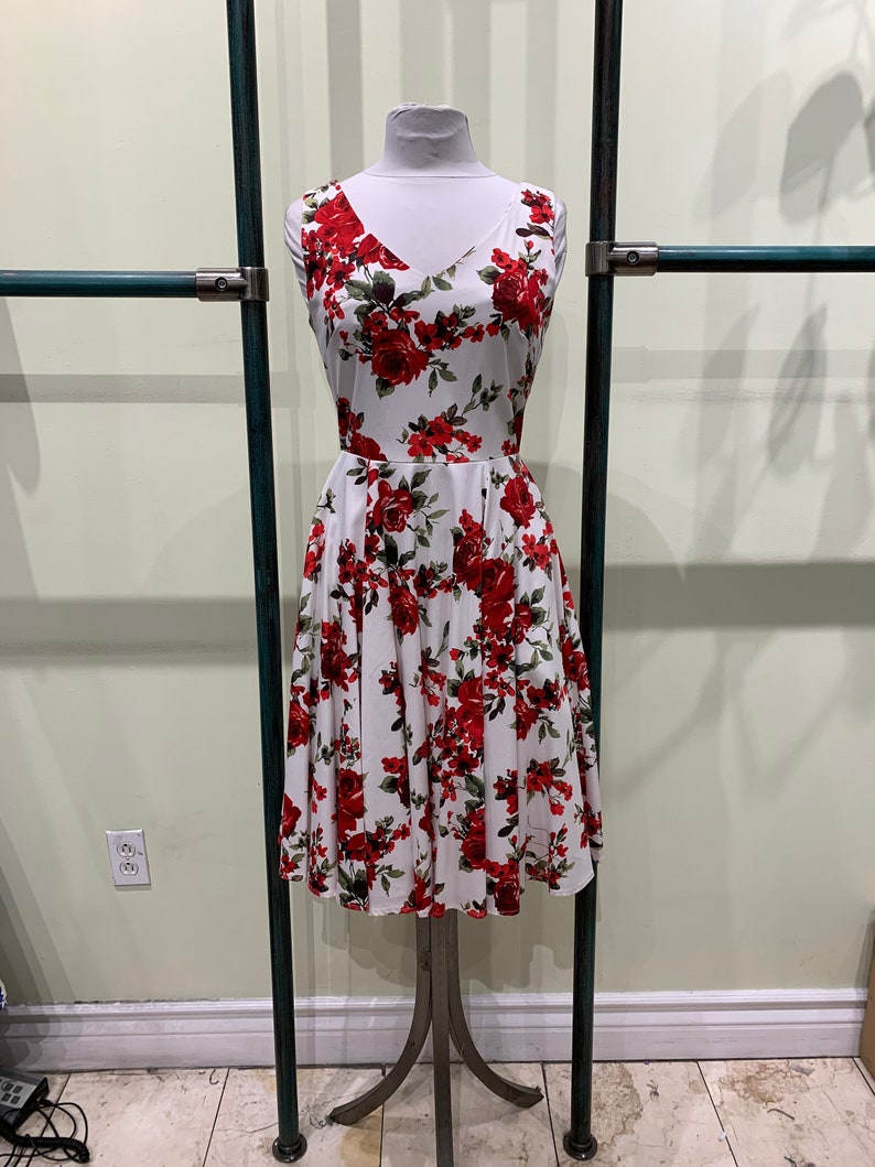 Eva Rose White And Red Rose Floral Print V-Neck Fit and Flare Dress With Pockets