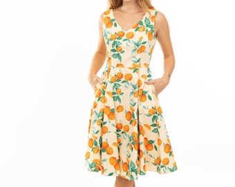 Eva Rose Orange Fruit Fit & Flare V-Neck Dress With Pockets