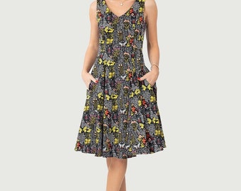 Eva Rose Floral Butterfly Fit and Flare V-Neck Dress With Pockets